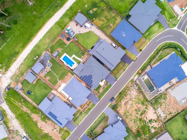 An aerial view of a residential neighborhood.