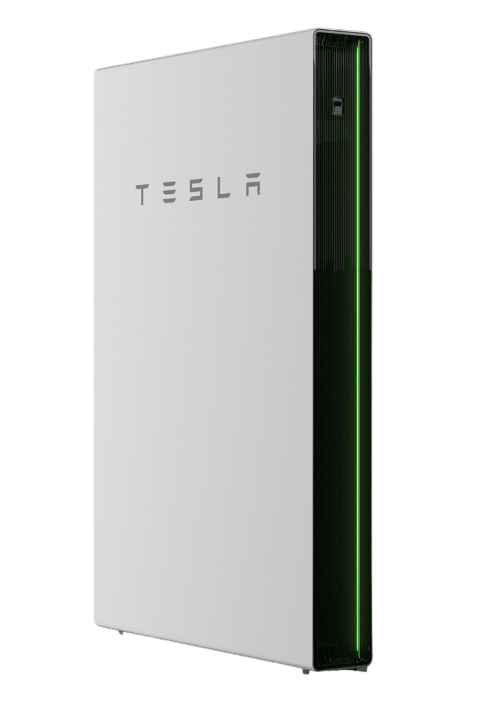 A white tesla power bank with green trim.
