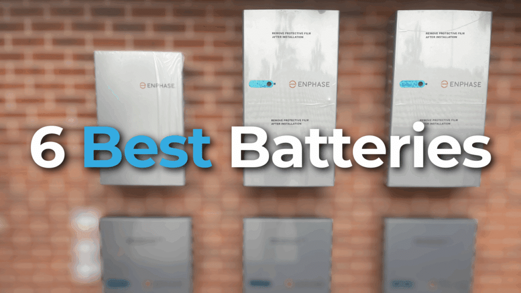Six wall-mounted battery units are displayed against a brick wall, with the text "6 Best Batteries" overlaid in large white and blue letters.