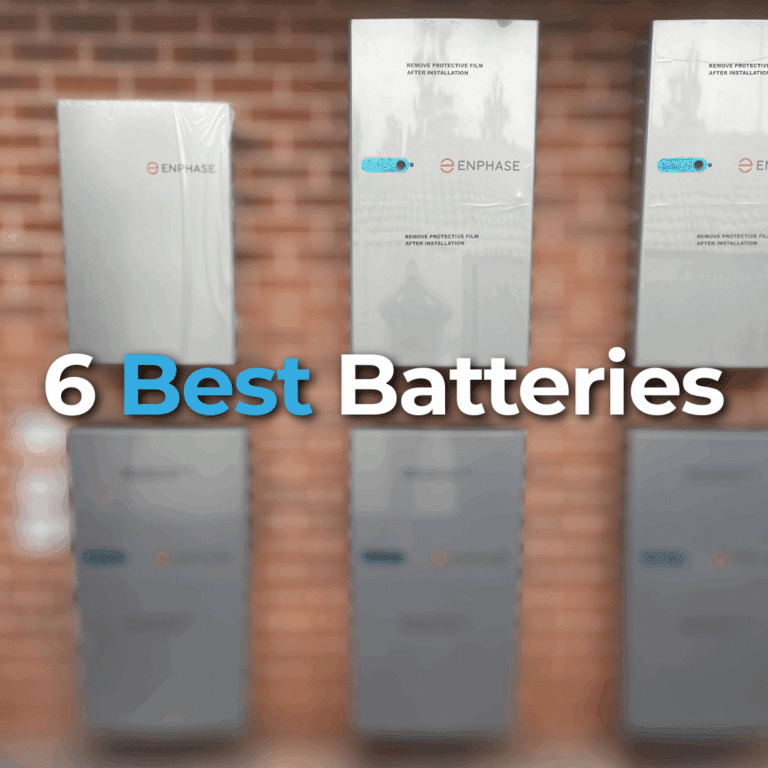 Four wall-mounted battery units with a brick wall background; text overlay reads "6 Best Batteries" in large, bold font.