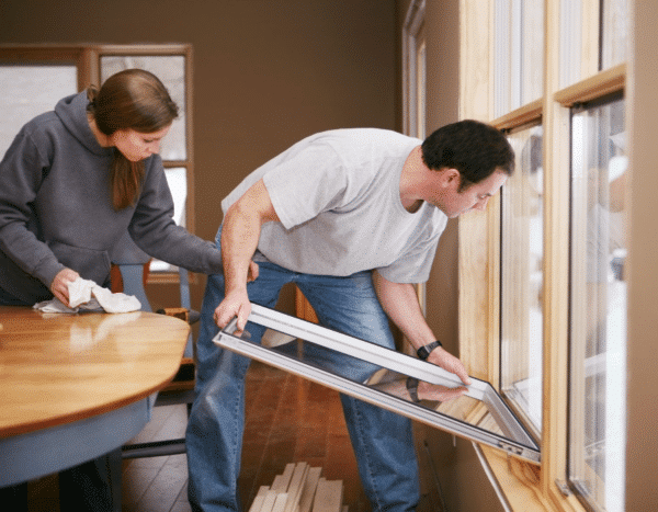 Two people installing a window, with a man fitting the pane and a woman cleaning the frame in a well-lit room.