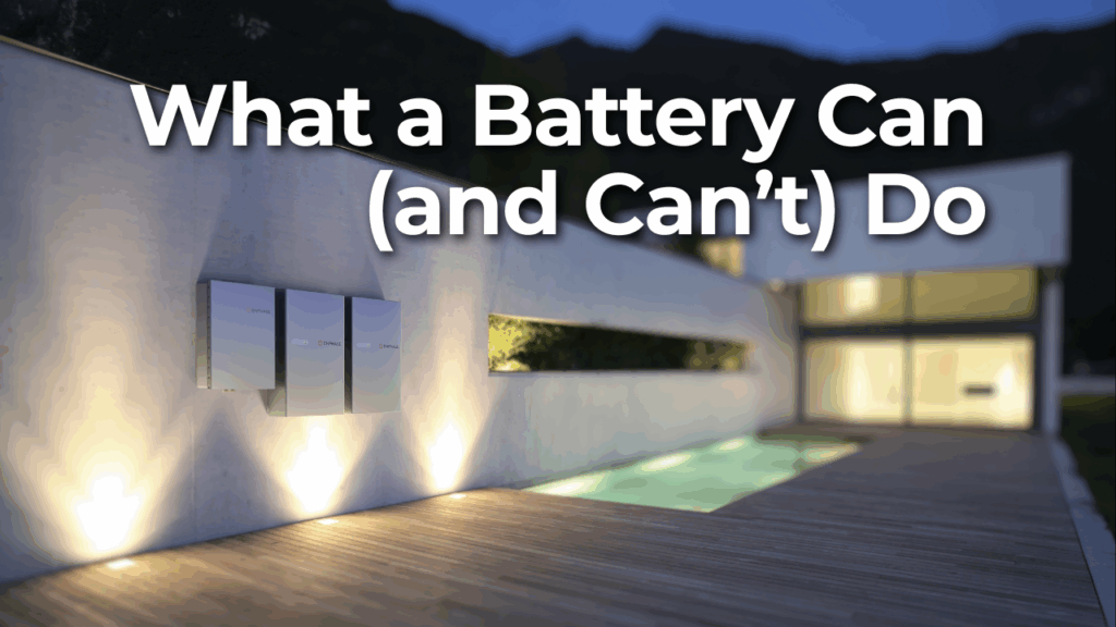 Outdoor modern house at dusk with two battery storage units mounted on a wall near a pool. Text overlay reads: "What a Battery Can (and Can't) Do.
