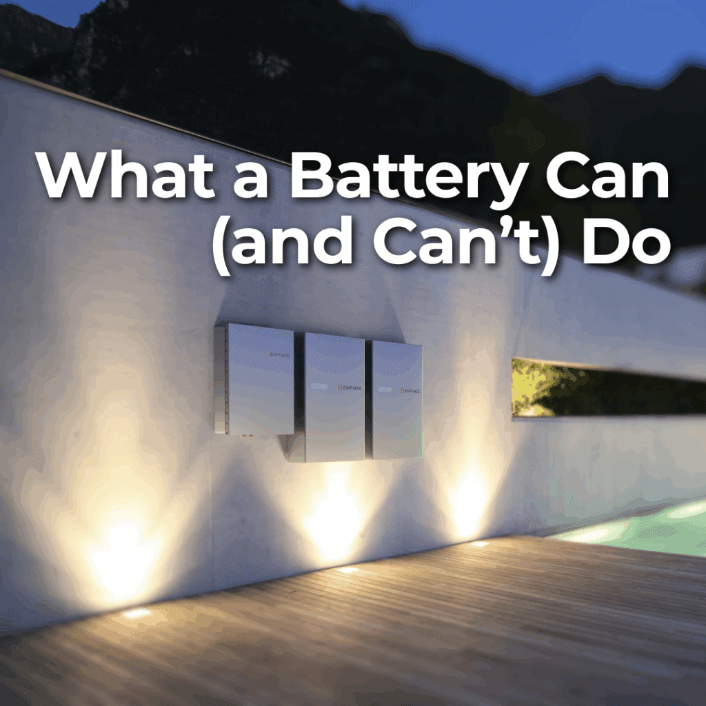 Three wall-mounted home battery units are illuminated by outdoor lights on a modern home's exterior wall, with the text "What a Battery Can (and Can't) Do" overlaid.