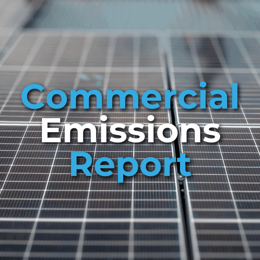 Text "Commercial Emissions Report" overlaid on a close-up image of solar panels.