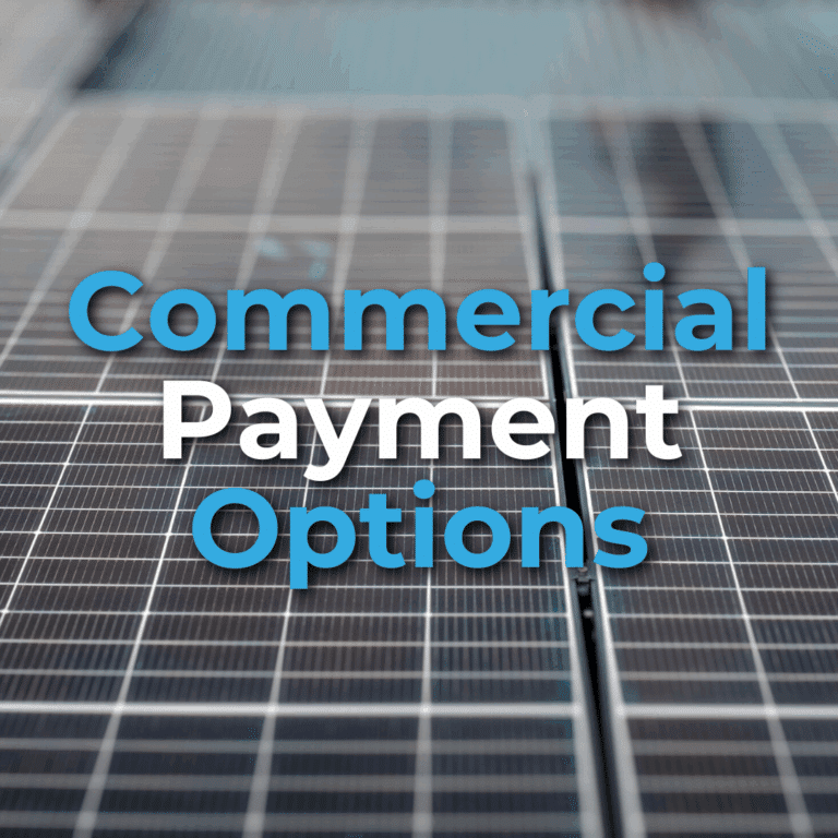 Text "Commercial Payment Options" overlaid on a close-up photo of solar panels.