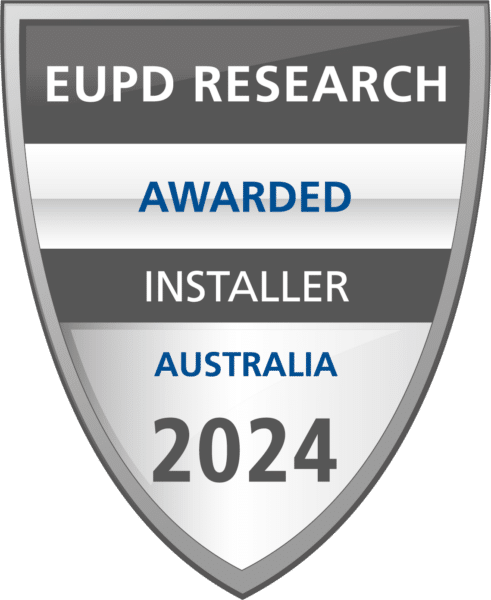 Award badge with "EUPD Research Awarded Installer Australia 2024" text on a shield design.