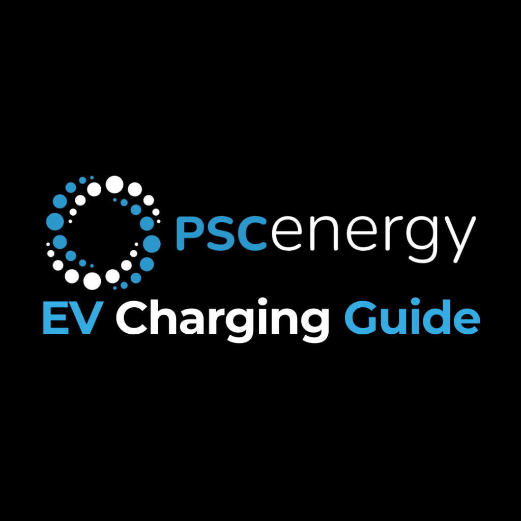 PSC Energy logo with the text "EV Charging Guide" on a black background, featuring a circular dotted design in blue and white.
