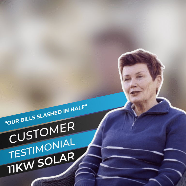 A person in a blue jacket sits outside with a caption that reads "Our bills slashed in half. Customer testimonial. 11KW solar.
