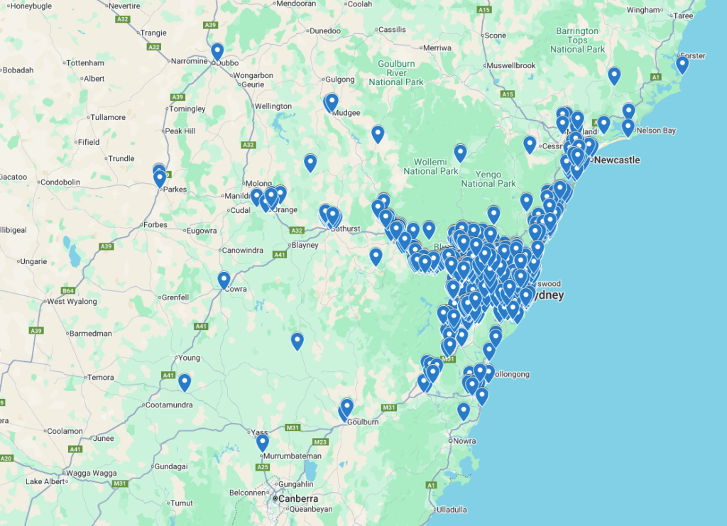 A map of southeastern New South Wales, Australia, marked with numerous blue location pins, mainly clustered around Sydney and the coast, with fewer inland.