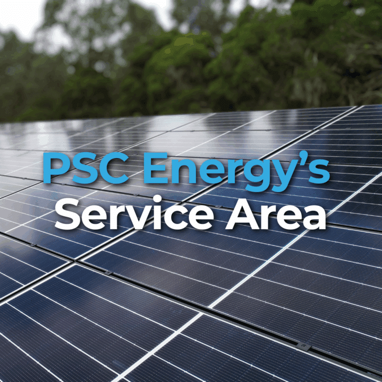 Rows of solar panels outdoors with trees in the background. Overlaid text reads "PSC Energy's Service Area.