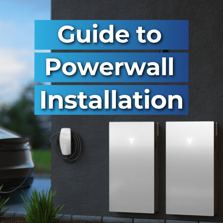Text on image: "Guide to Powerwall Installation" with two powerwall units and a charging cable mounted on a wall.