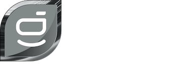 A metallic, stylized gray leaf shape with a white abstract design resembling a lowercase "i" and a smile, set against a white background.