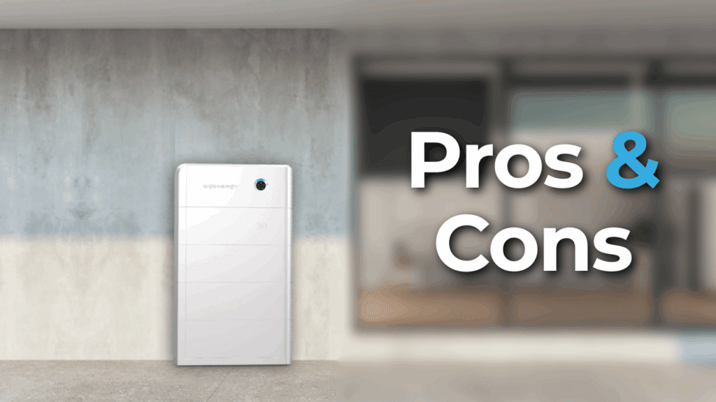 White home battery unit mounted on a grey wall, with the phrase "Pros & Cons" in bold white and blue text on the right side of the image.