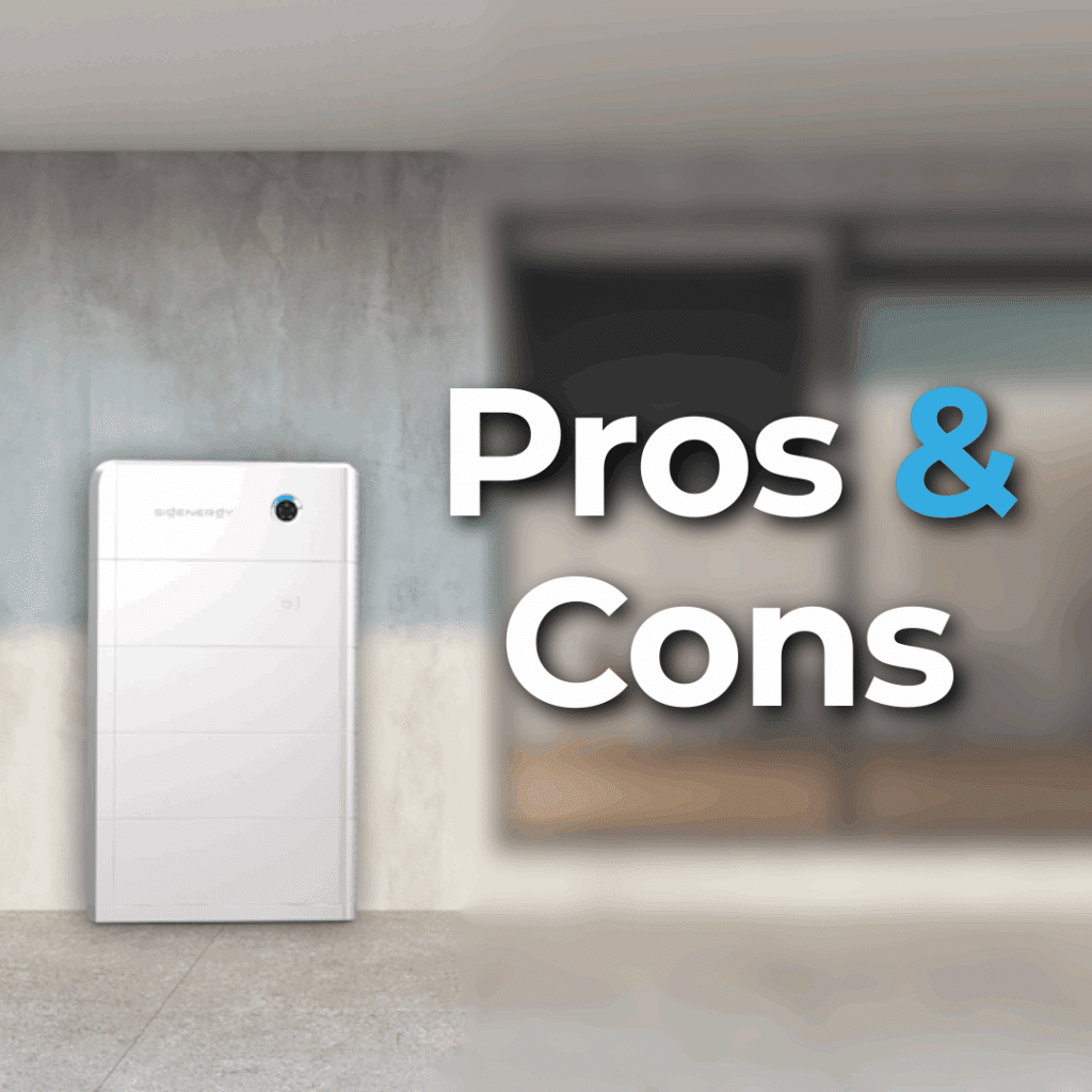 A white home battery unit mounted on a wall, with the words "Pros & Cons" in large font on a blurred background.