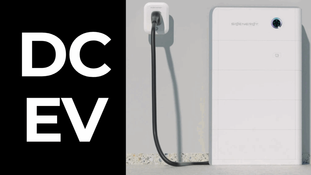 A white electric vehicle charging station with a connected cable is mounted on a wall next to large "DC EV" text on a black background.