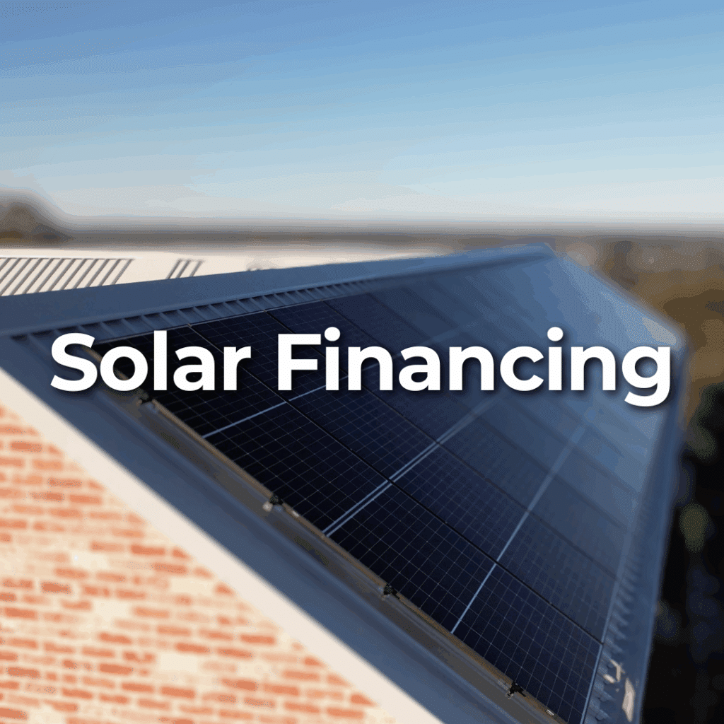 Rooftop solar panels on a building with blue sky in the background. The words "Solar Financing" appear over the image.