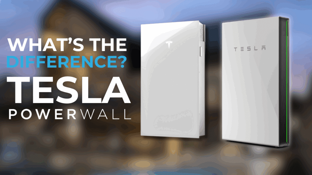 Two Tesla Powerwall battery units are shown side by side, with the text "What’s the difference? Tesla Powerwall" overlaid on a blurred background.