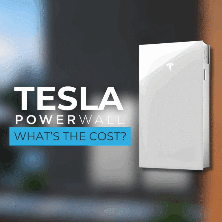 A Tesla Powerwall is mounted on a wall with text overlay reading "Tesla Powerwall What's the cost?.