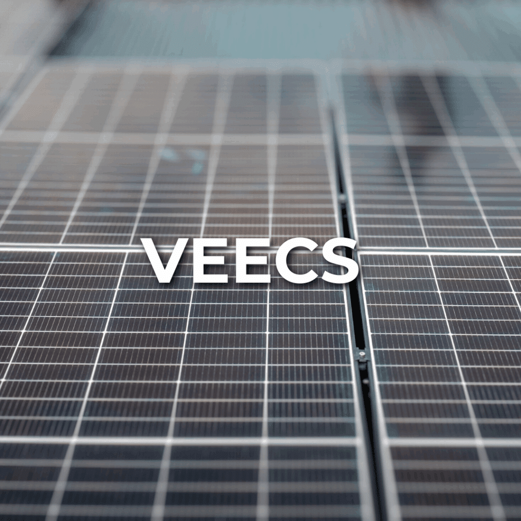Close-up view of solar panels with the word "VEECS" in bold white text overlaid in the center.