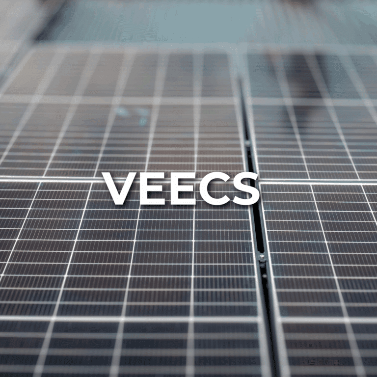 Close-up view of solar panels with the word "VEECS" in bold white text overlaid in the center.