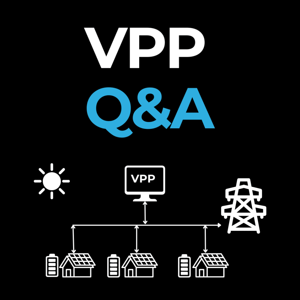 Diagram showing VPP Q&A. It includes solar panels on homes, connected batteries, a VPP computer, and an electricity pylon, indicating a Virtual Power Plant setup.