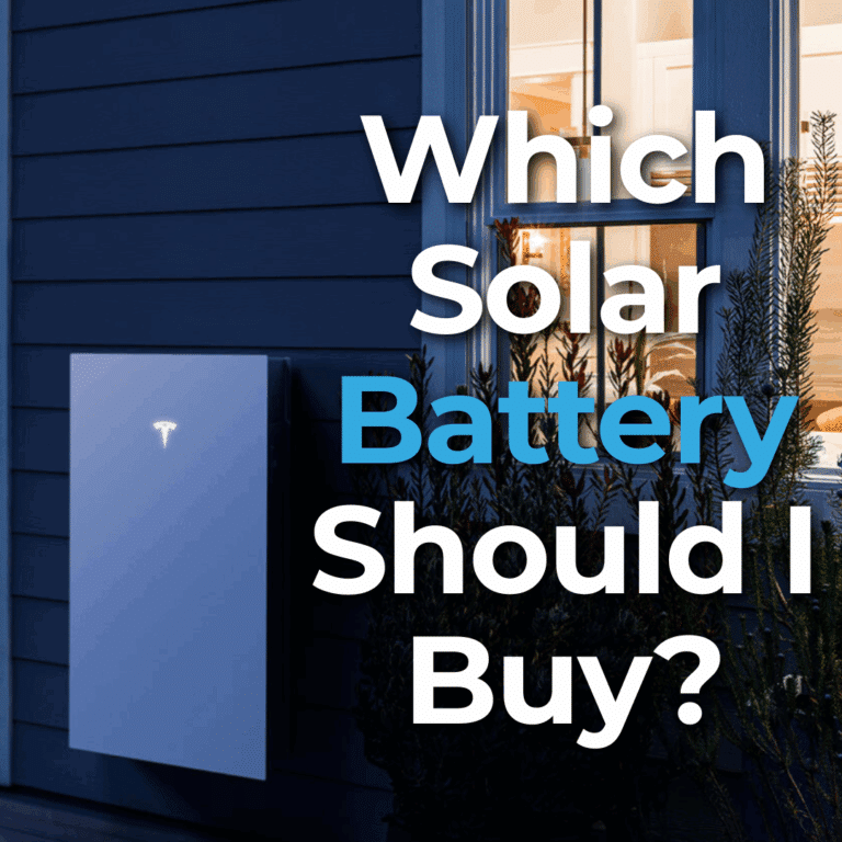 A Tesla Powerwall battery is mounted on the exterior wall of a house near a window, with text asking, "Which Solar Battery Should I Buy?.