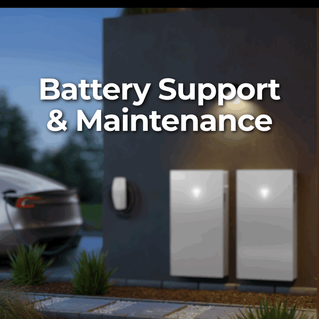 Two wall-mounted battery units are installed outside a modern home near an electric car, with the text "Battery Support & Maintenance" displayed above.