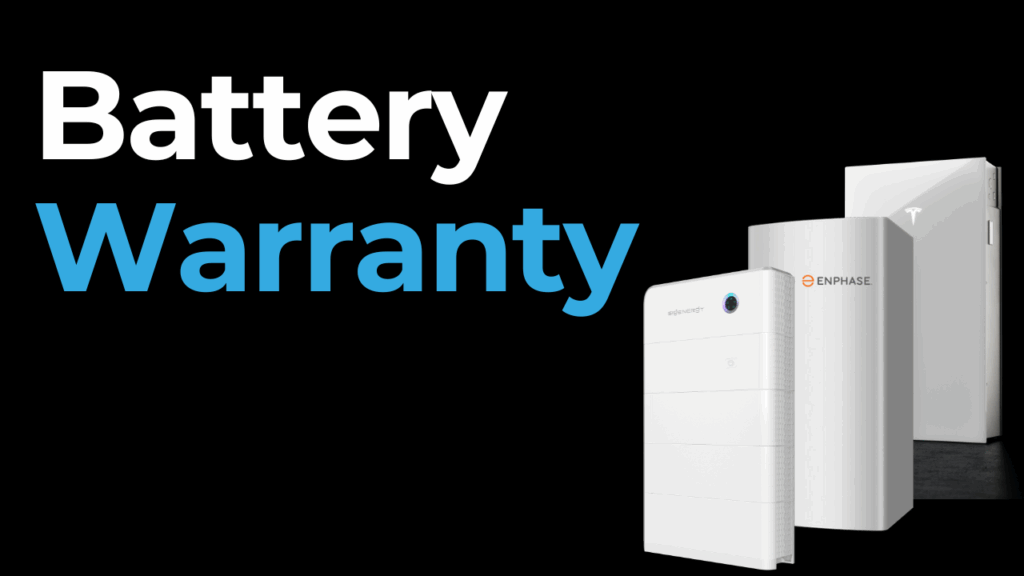 Three home battery units from different brands are shown on a black background next to the words “Battery Warranty” in large text.