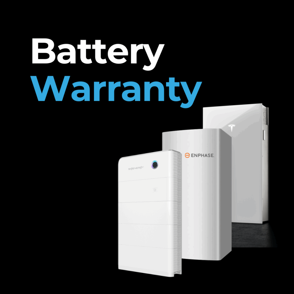 Three home battery units are displayed in front of a black background with the words "Battery Warranty" in bold white and blue text above them.
