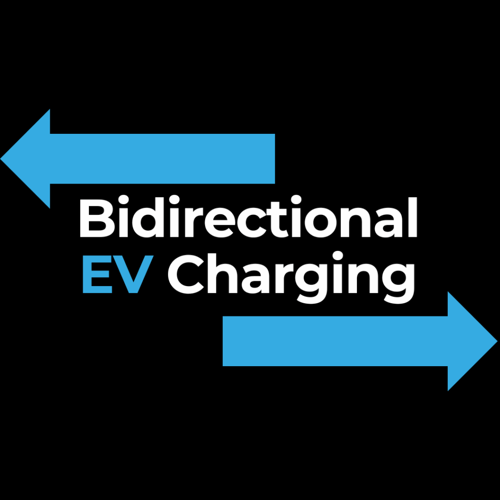 Two blue arrows pointing left and right with the text "Bidirectional EV Charging" in white and blue on a black background.