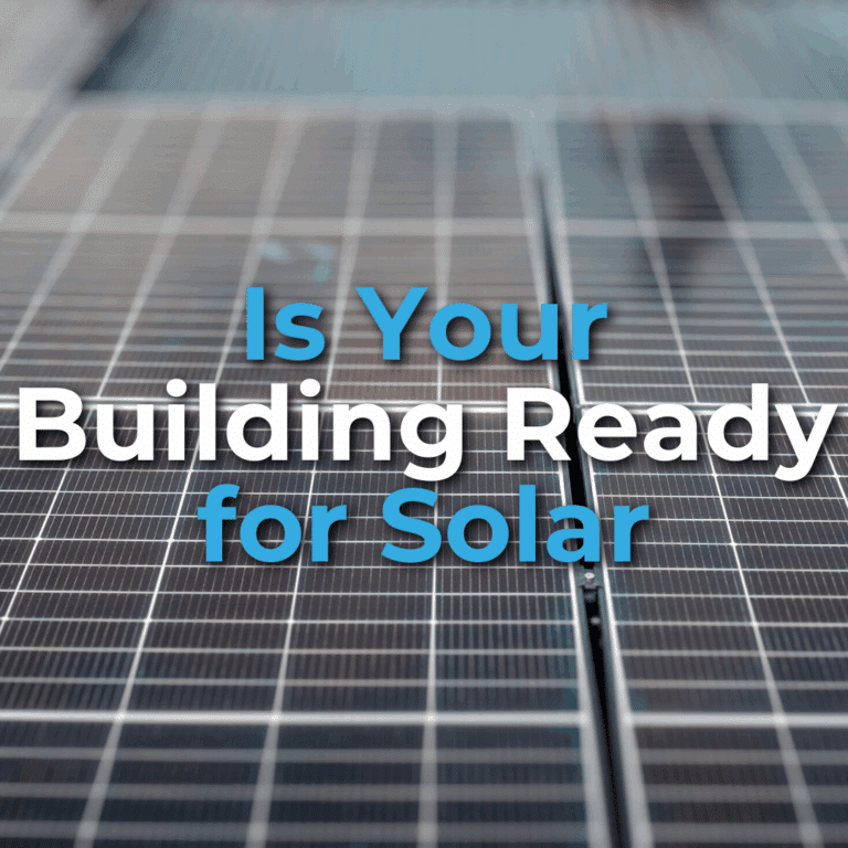 Close-up of solar panels with the text "Is Your Building Ready for Solar" overlayed in blue and white letters.