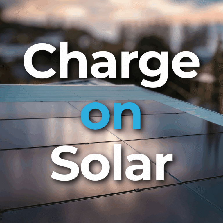 Solar panels on a rooftop with the text "Charge on Solar" overlaid on the image.