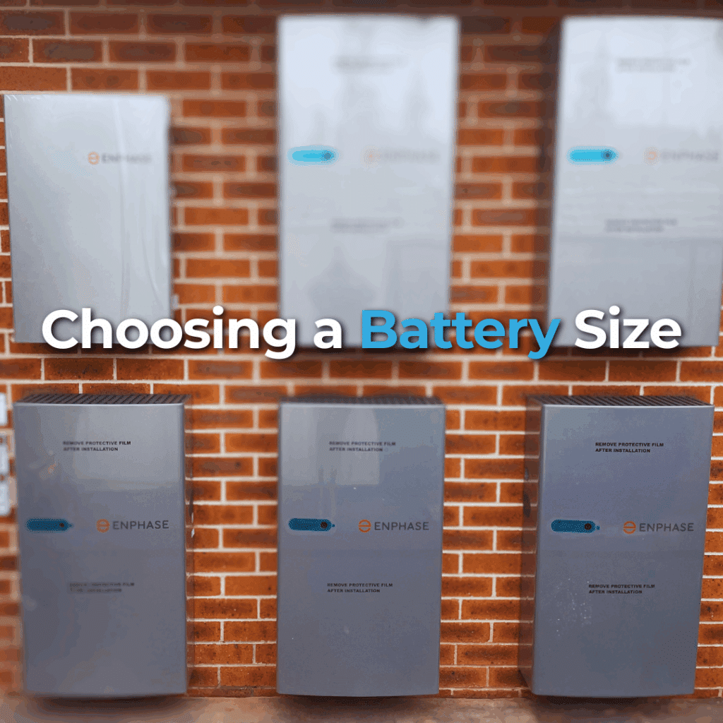 Five grey Enphase battery units of varying sizes are mounted on a brick wall, with the text "Choosing a Battery Size" displayed across the image.