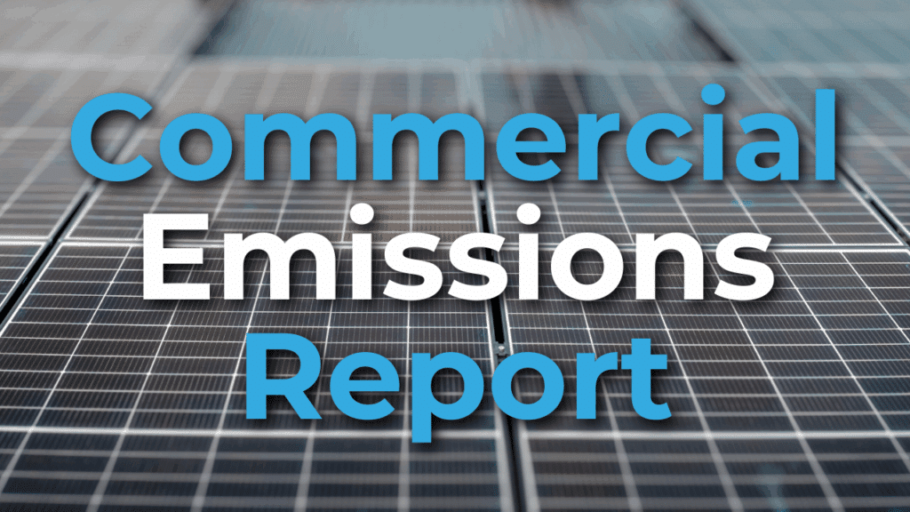 Text reading "Commercial Emissions Report" over a background of solar panels.