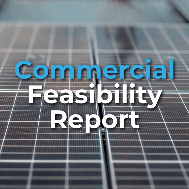 Close-up of solar panels with the text "Commercial Feasibility Report" overlaid in blue and white letters.