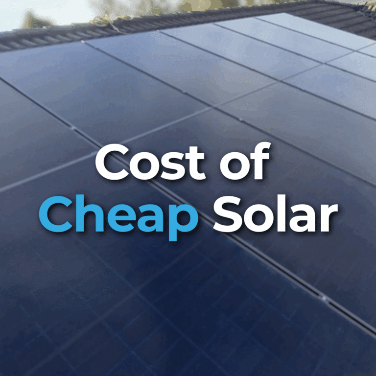 Close-up of rooftop solar panels with the text "Cost of Cheap Solar" overlaid on the image.