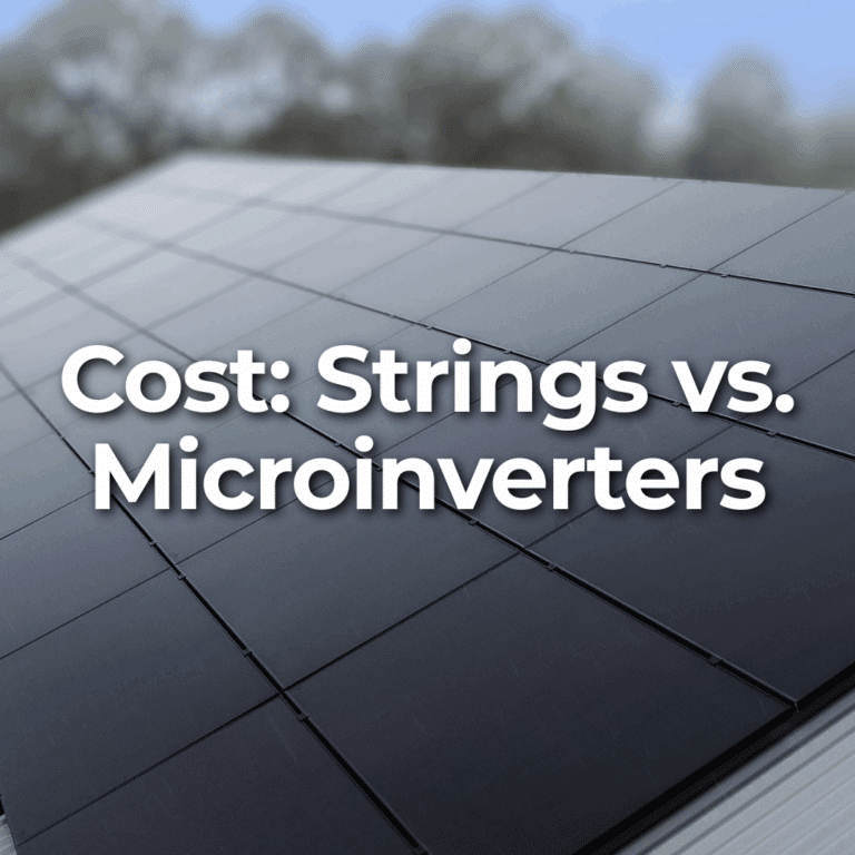 Close-up of solar panels on a roof with the text "Cost: Strings vs. Microinverters" overlaid in bold white font. Trees and sky are blurred in the background.