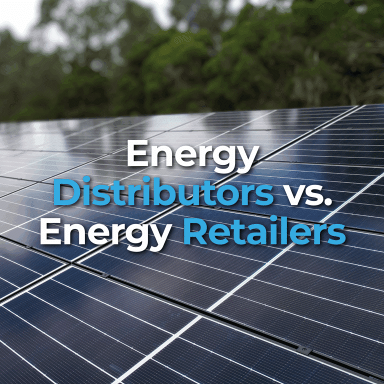 Rows of solar panels outdoors with blurred trees in the background; overlaid text reads “Energy Distributors vs. Energy Retailers.”.
