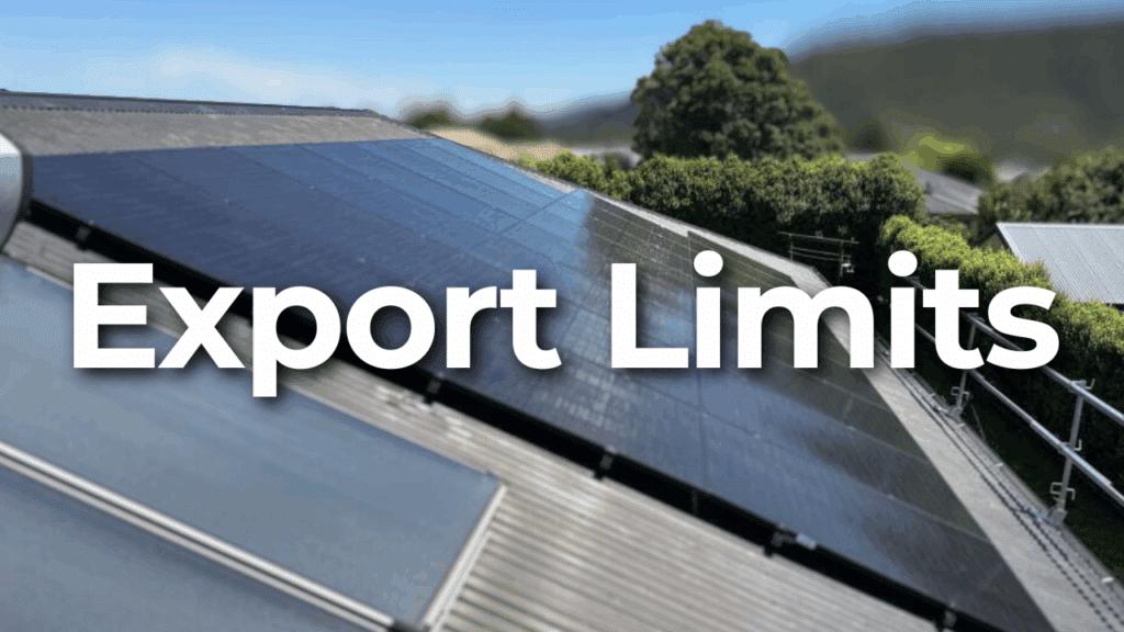Rooftop solar panels on a house with the words "Export Limits" in large white text over the image.