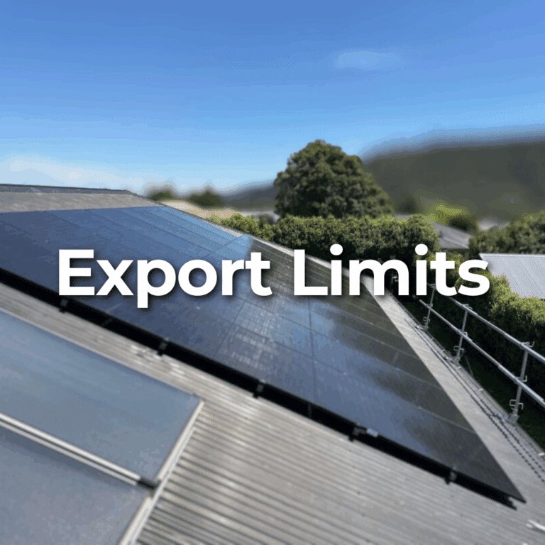 Solar panels installed on a roof in a sunny outdoor setting, with the words "Export Limits" overlaid in bold white text.