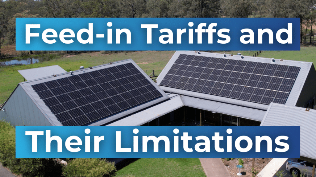 Aerial view of a house with solar panels on the roof, overlaid with the text "Feed-in Tariffs and Their Limitations.
