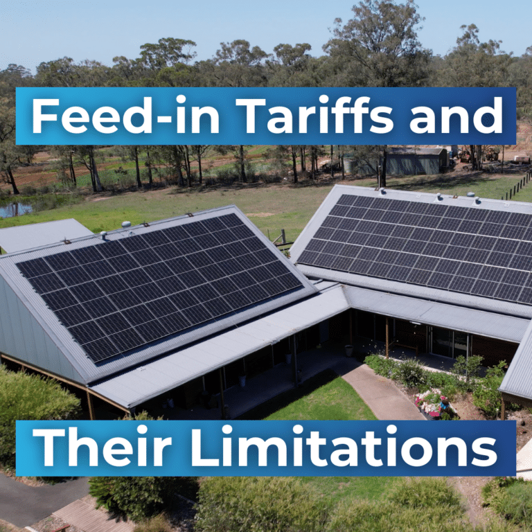 Rooftops with solar panels, surrounded by trees, featuring the text "Feed-in Tariffs and Their Limitations.
