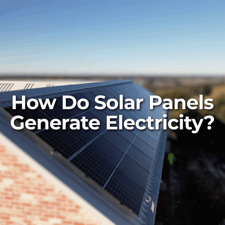 A row of solar panels installed on a sloped rooftop with the text "How Do Solar Panels Generate Electricity?" overlaid on the image.