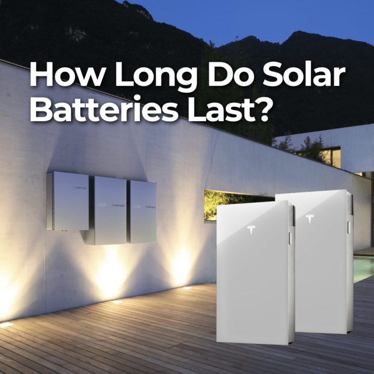 Outdoor installation of solar batteries on a wall, with text overlay asking, "How Long Do Solar Batteries Last?" and two solar batteries displayed separately.