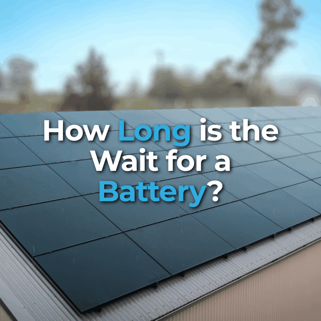 Solar panels installed on a rooftop with the text "How Long is the Wait for a Battery?" overlaid in the center.