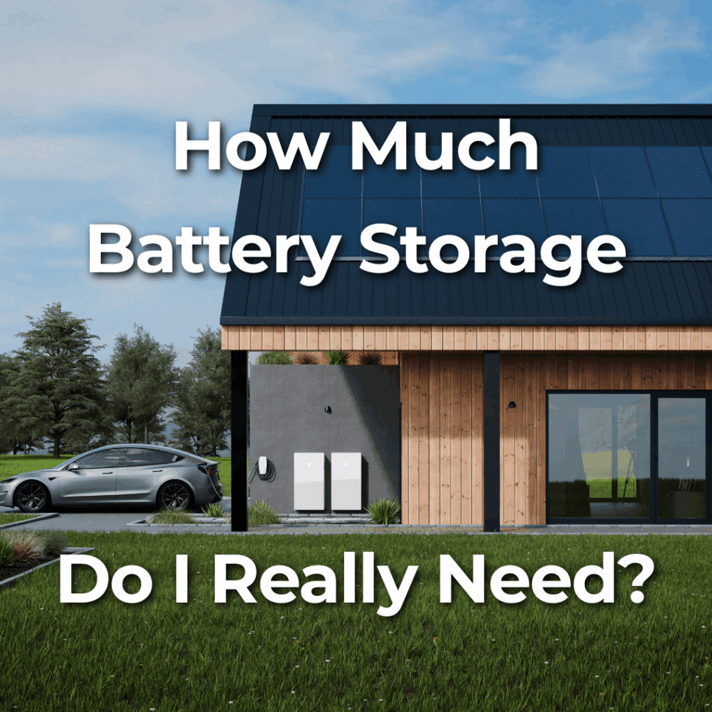Modern house with solar panels, two battery storage units mounted outside, and an electric car parked nearby; text reads, "How Much Battery Storage Do I Really Need?.