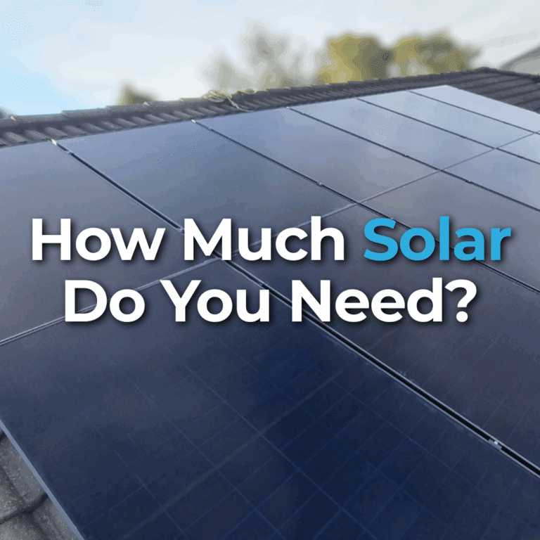 Close-up of solar panels installed on a rooftop with the text "How Much Solar Do You Need?" overlaid on the image.