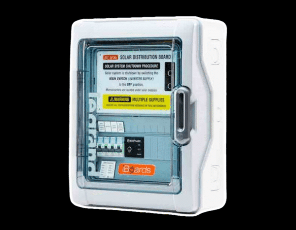Solar distribution board with shutdown instructions and multiple circuit breakers.