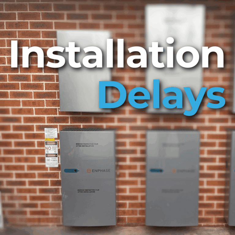 Four electrical boxes mounted on a brick wall, with the words "Installation Delays" overlaid in large text.