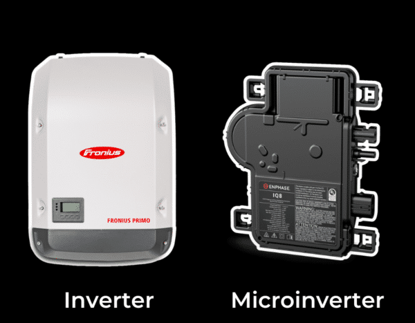 A white Fronius Primo inverter is on the left, and a black Enphase microinverter is on the right, with labels underneath each item.